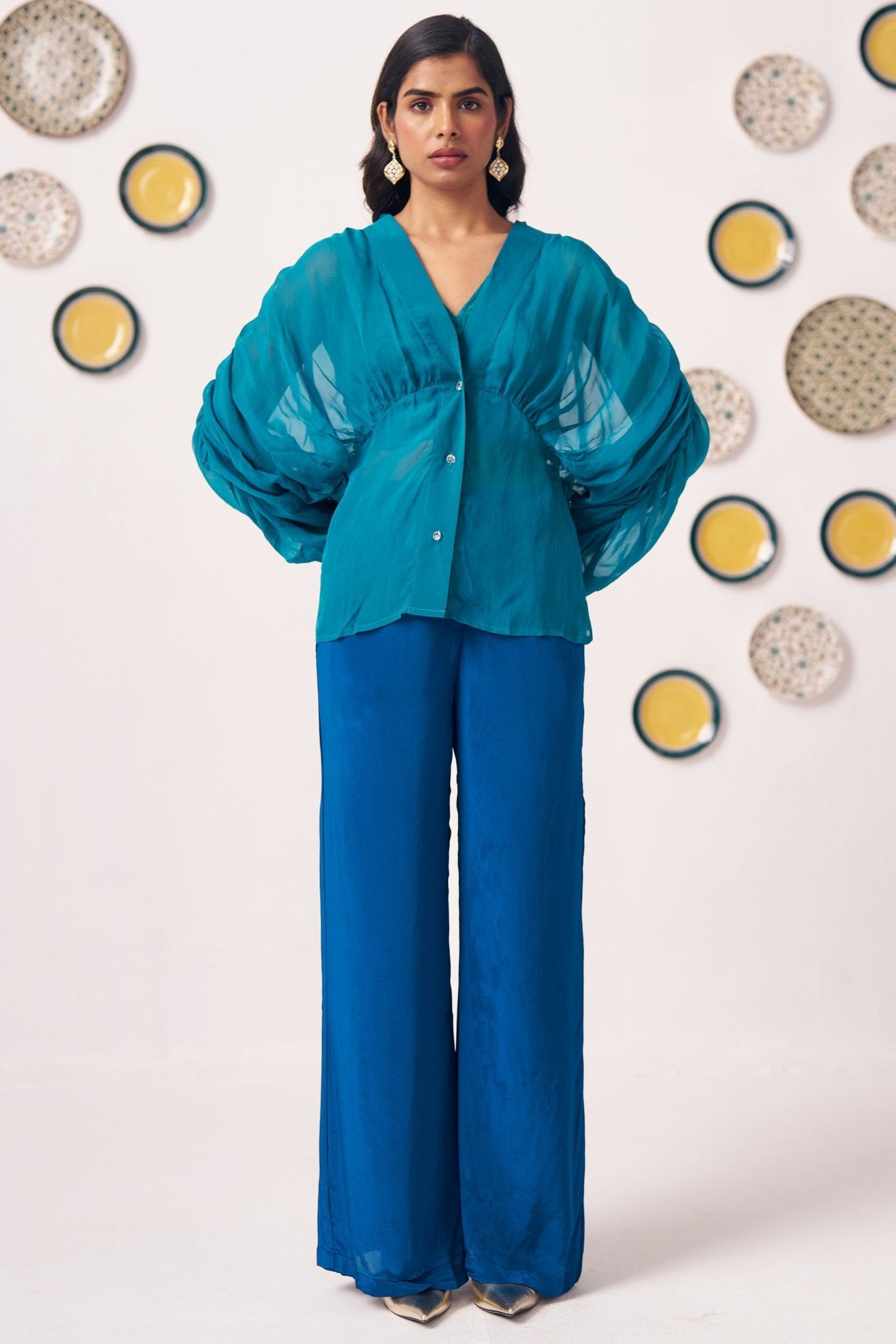 Teal Organza Kaftan Top with Cami and Navy Trouser Set - Western Era Co - ord set for women