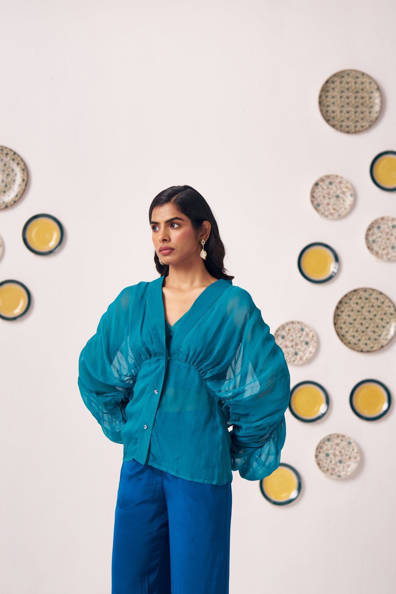 Teal Organza Kaftan Top with Cami and Navy Trouser Set - Western Era Co - ord set for women