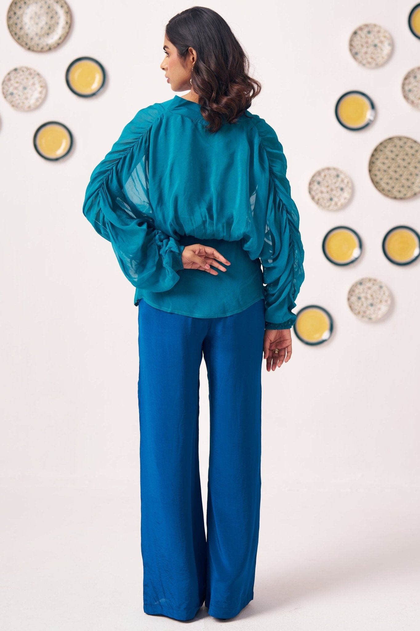 Teal Organza Kaftan Top with Cami and Navy Trouser Set - Western Era Co - ord set for women