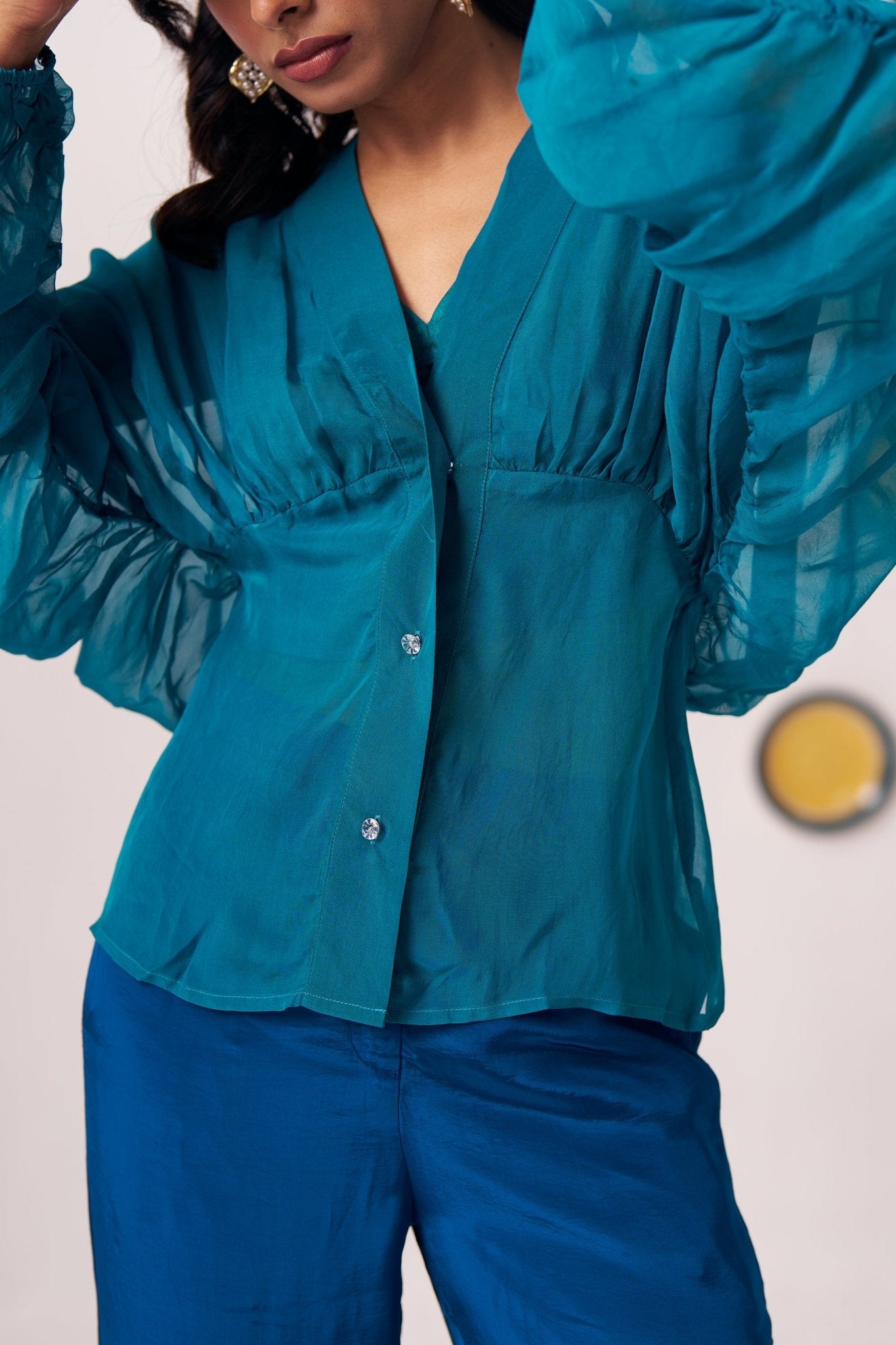 Teal Organza Kaftan Top with Shimmer Spaghetti - Western Era Tops for women