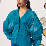 Teal Organza Kaftan Top with Shimmer Spaghetti - Western Era Tops for women