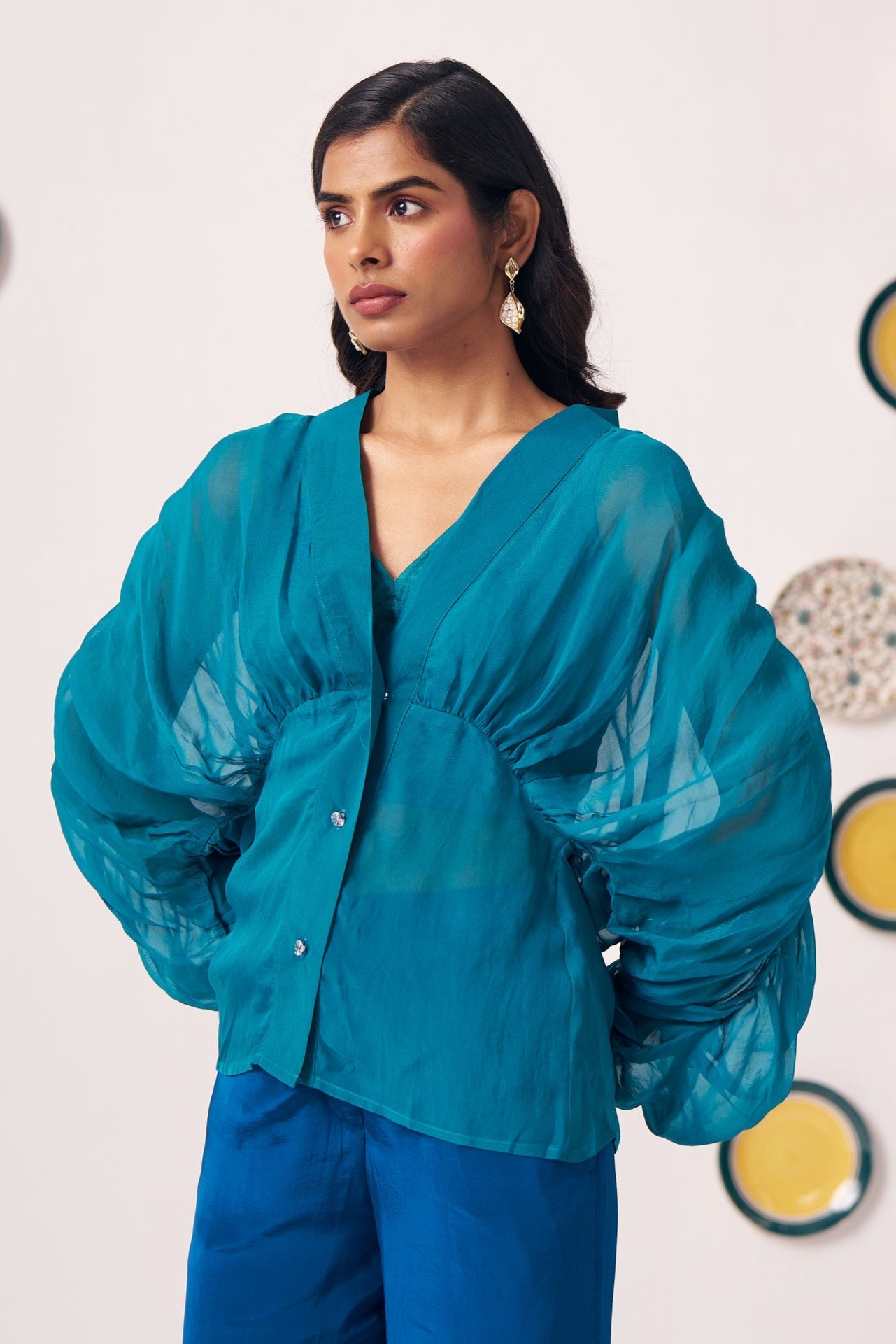 Teal Organza Kaftan Top with Shimmer Spaghetti - Western Era Tops for women