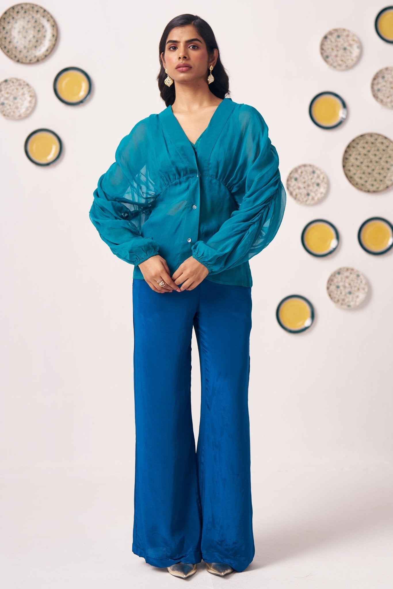 Teal Organza Kaftan Top with Shimmer Spaghetti - Western Era Tops for women
