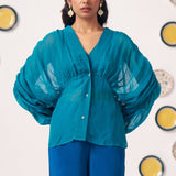 Teal Organza Kaftan Top with Shimmer Spaghetti - Western Era Tops for women