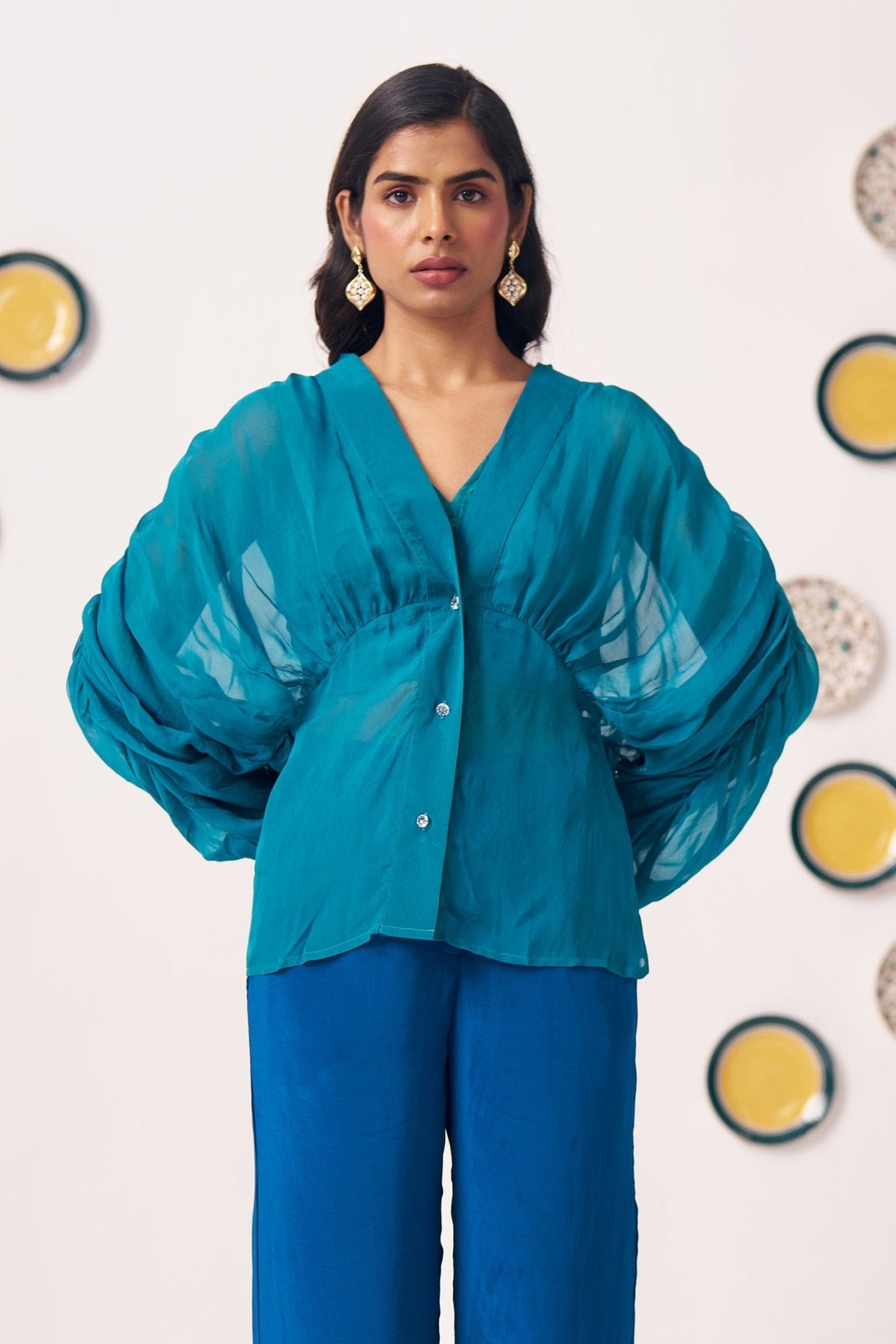 Teal Organza Kaftan Top with Shimmer Spaghetti - Western Era Tops for women