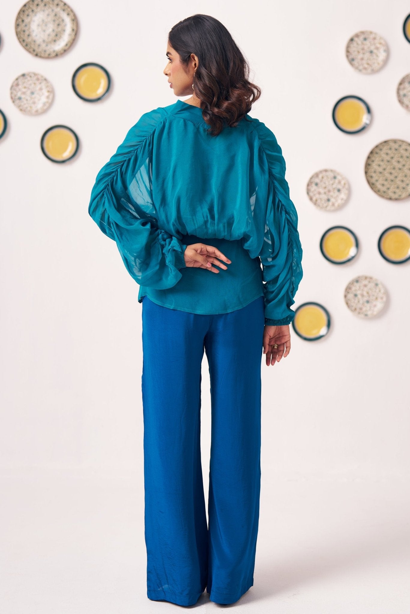 Teal Organza Kaftan Top with Shimmer Spaghetti - Western Era Tops for women