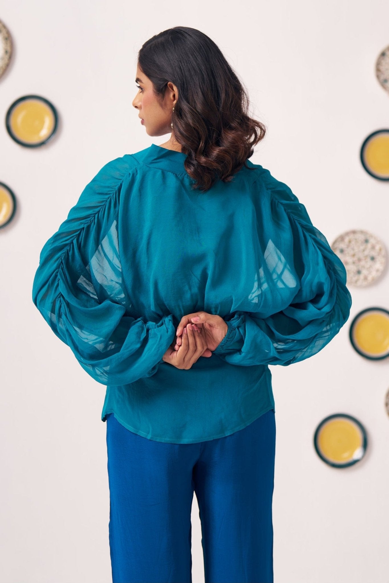 Teal Organza Kaftan Top with Shimmer Spaghetti - Western Era Tops for women