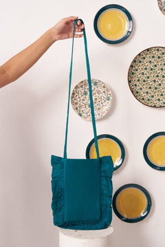 Teal Ruffled Shimmer Fabric Pouch Bag