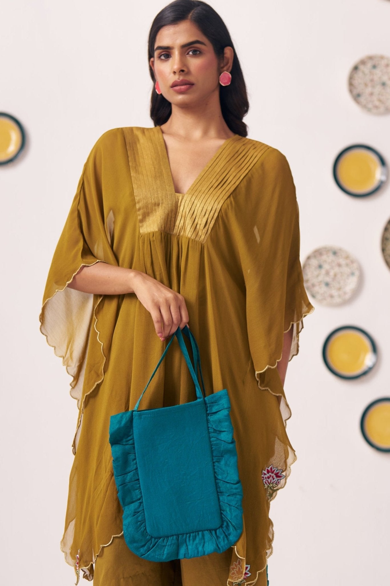 Teal Ruffled Shimmer Fabric Pouch Bag - Western Era for women