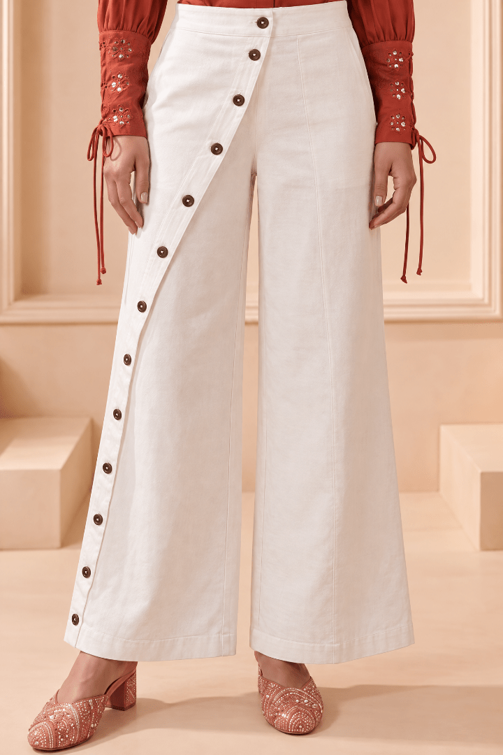 Off-White Overlapped Front-Button Wide-Leg Trouser - Western Era Bottoms for women