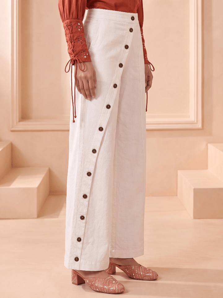 Off-White Overlapped Front-Button Wide-Leg Trouser - Western Era Bottoms for women