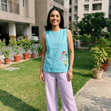 Turquois Blue Embroidered Details Embroidered Sleeveless A - Line Top - Western Era Tops for women