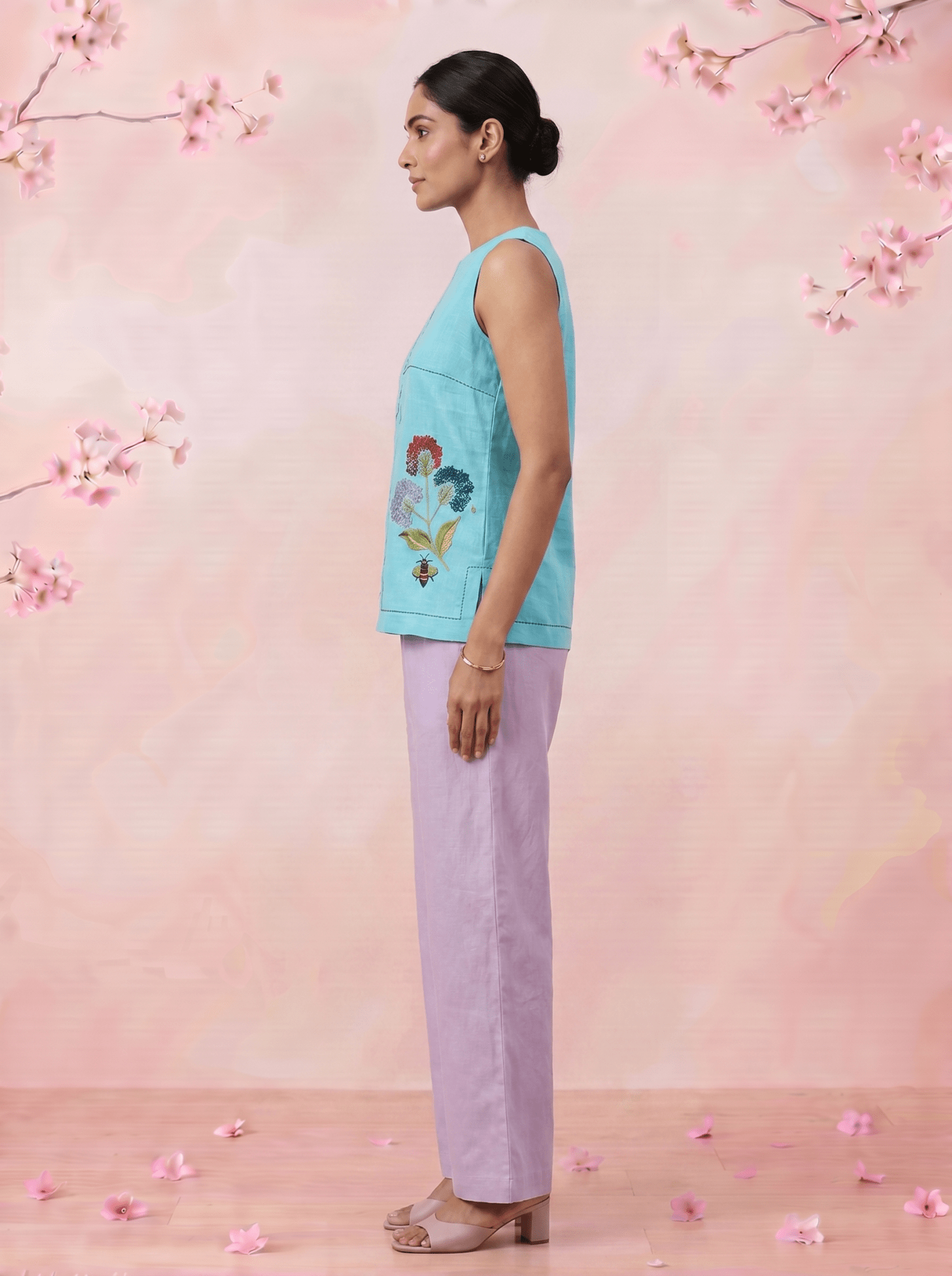 Turquois Blue Embroidered Details Embroidered Sleeveless A - Line Top - Western Era Tops for women