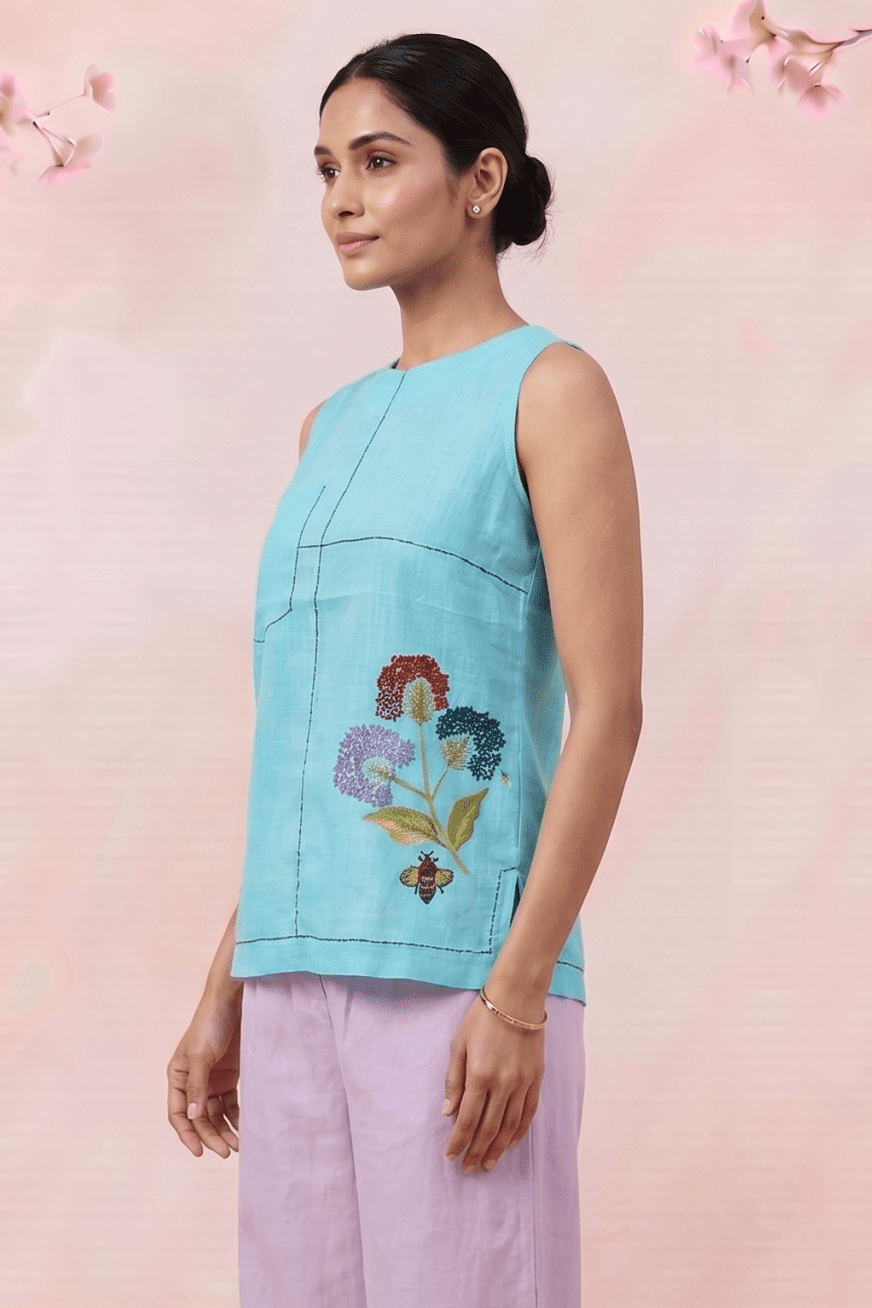 Turquois Blue Embroidered Details Embroidered Sleeveless A - Line Top - Western Era Tops for women