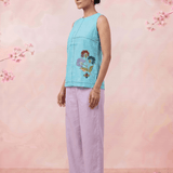 Turquois Blue Embroidered Details Embroidered Sleeveless A - Line Top - Western Era Tops for women