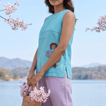 Turquois Blue Embroidered Details Embroidered Sleeveless A - Line Top - Western Era Tops for women