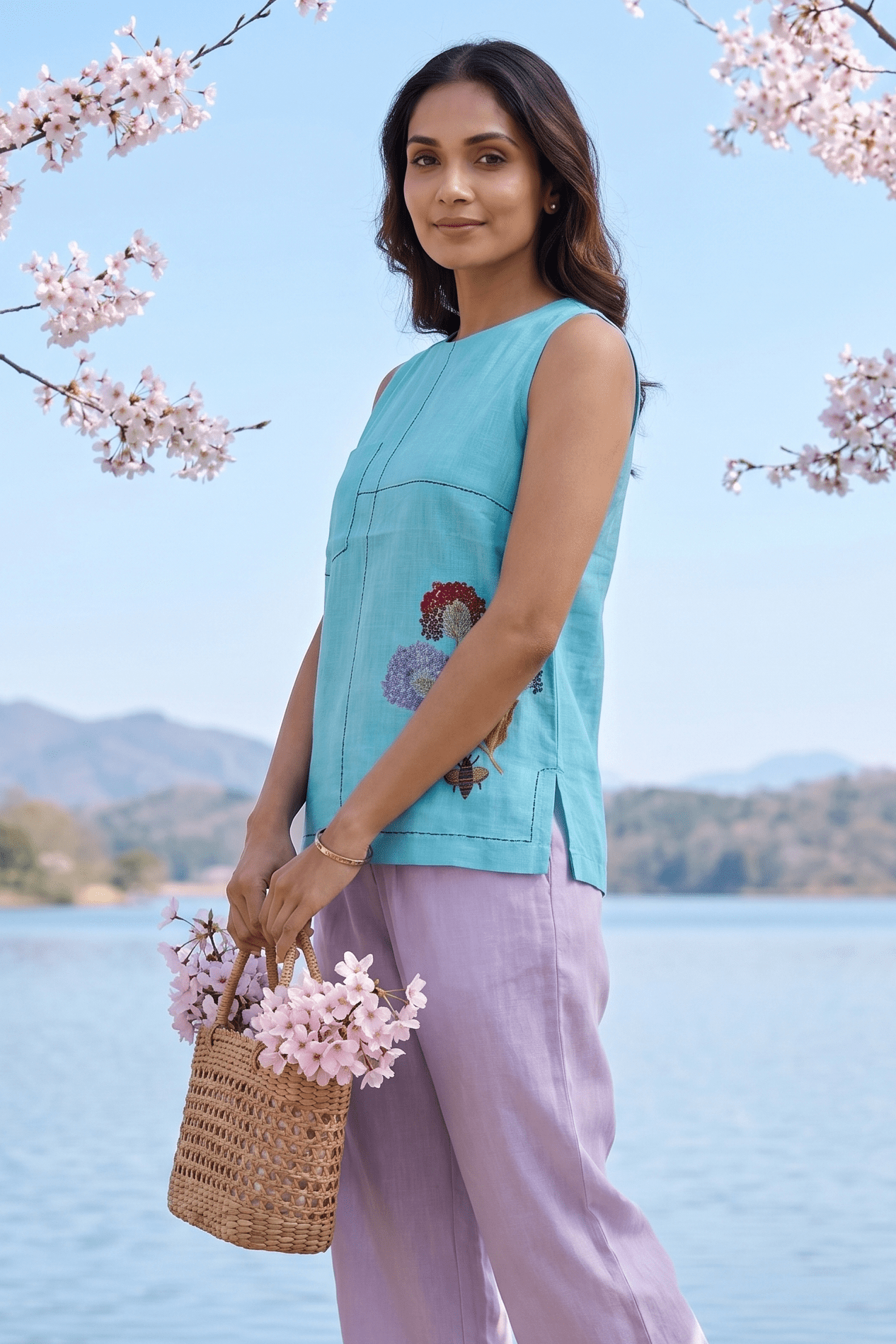 Turquois Blue Embroidered Details Embroidered Sleeveless A - Line Top - Western Era Tops for women