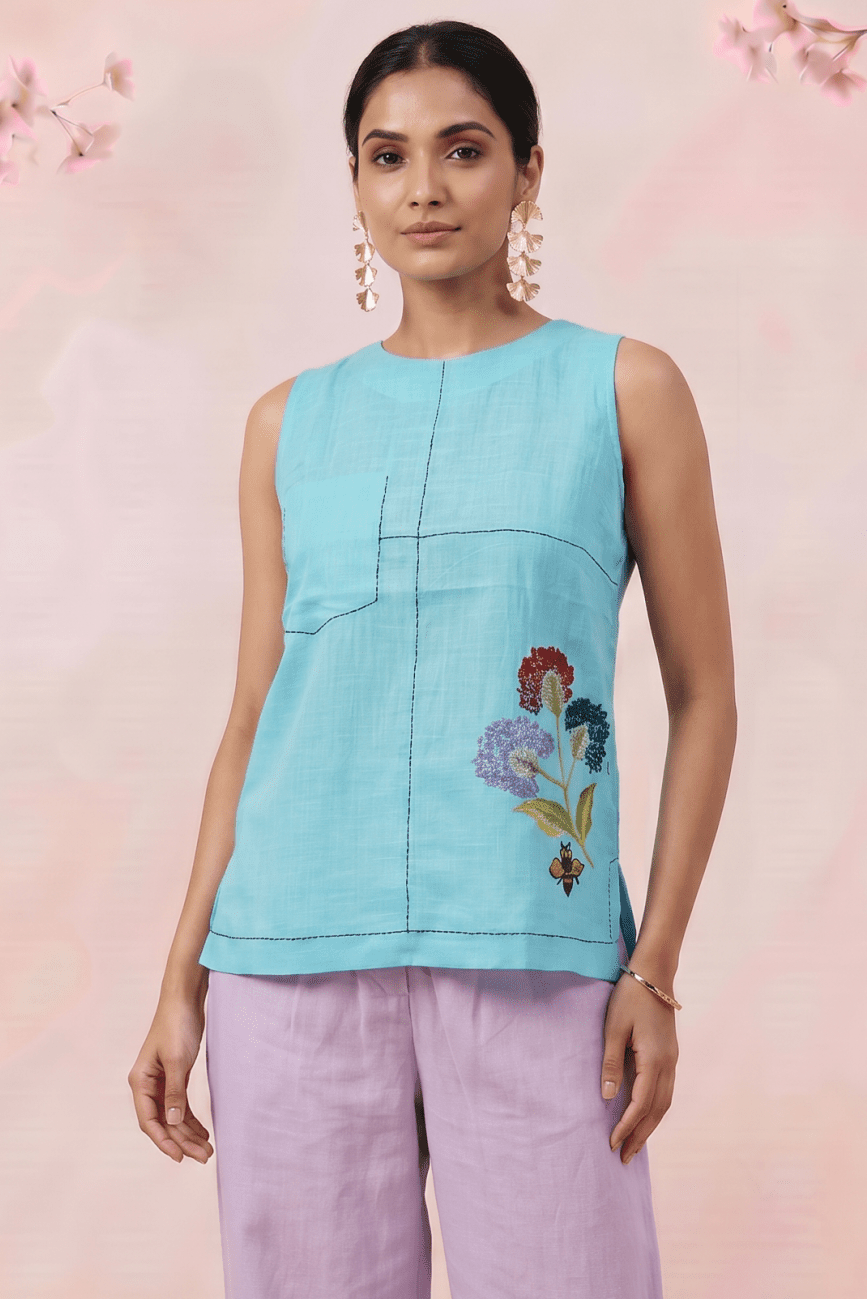 Turquois Blue Embroidered Details Embroidered Sleeveless A - Line Top - Western Era Tops for women