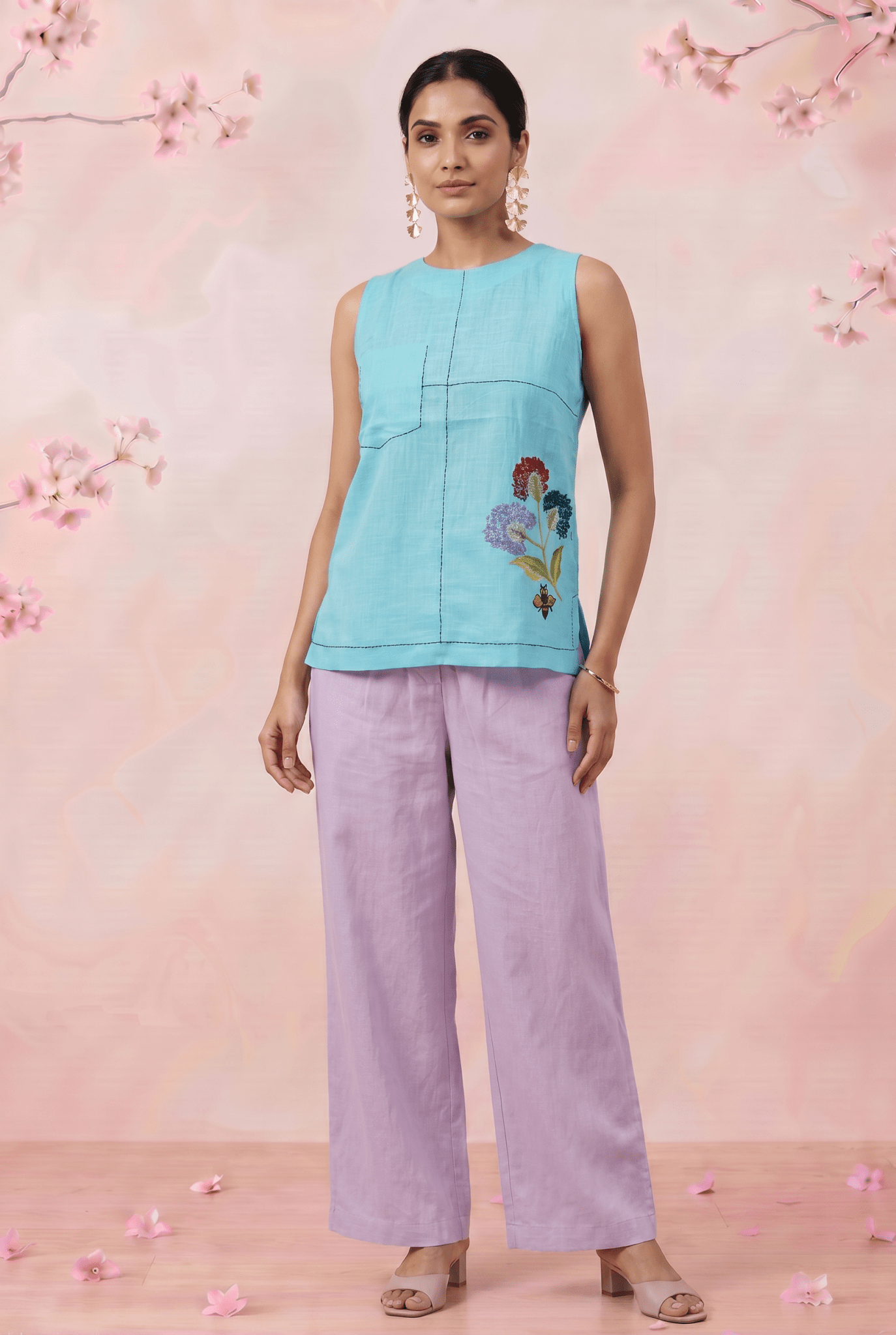 Turquois Blue Embroidered Details Embroidered Sleeveless A - Line Top - Western Era Tops for women