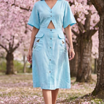 Turquoise Cotton Shirt Midi Dress Featuring Buttoned Waist Cutout Midi Dress - Western Era Dresses for women