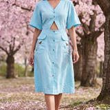 Turquoise Cotton Shirt Midi Dress Featuring Buttoned Waist Cutout Midi Dress - Western Era Dresses for women