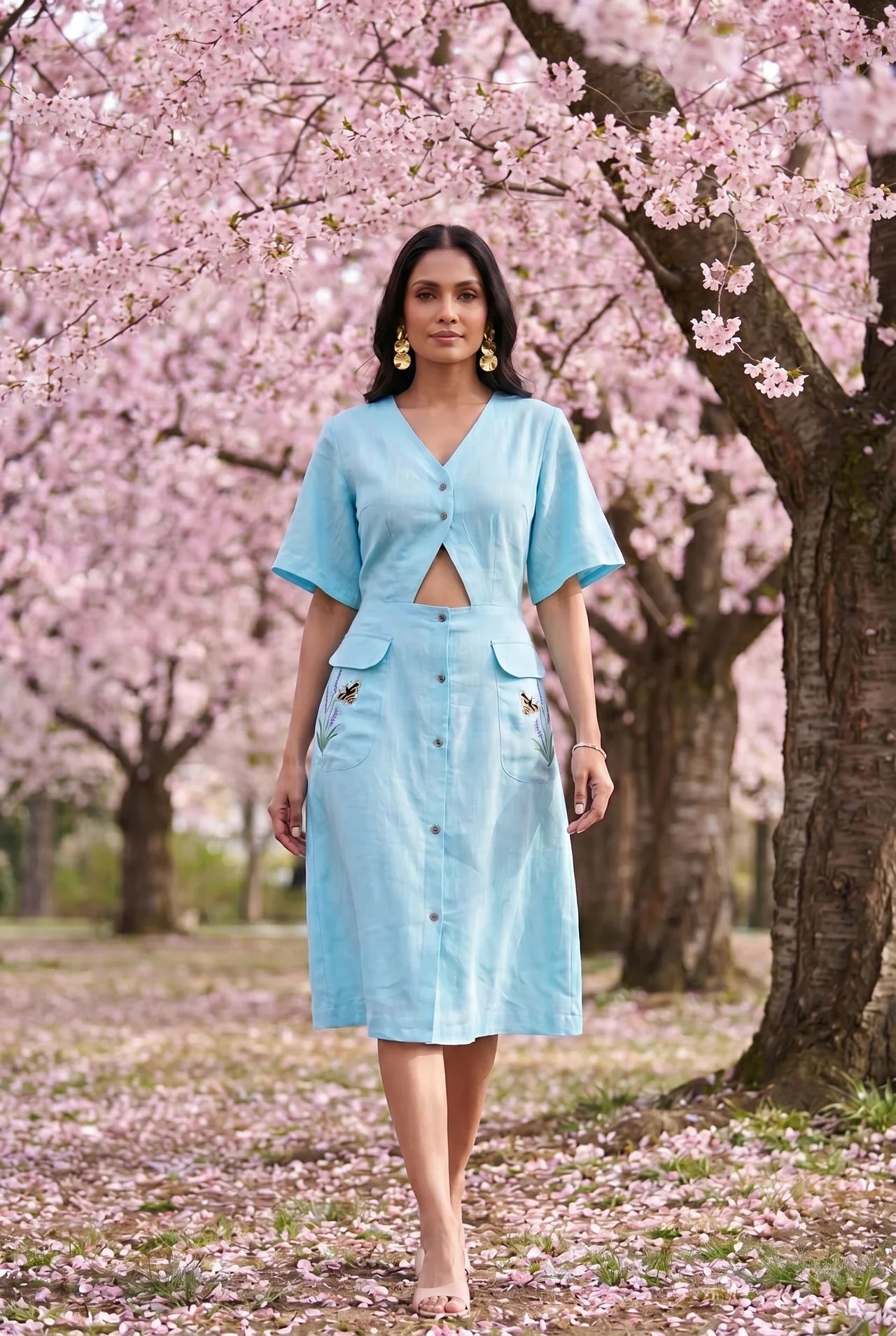 Turquoise Cotton Shirt Midi Dress Featuring Buttoned Waist Cutout Midi Dress - Western Era Dresses for women