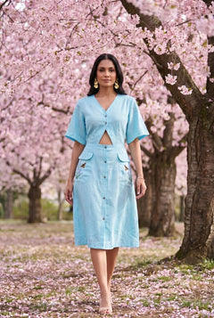 Turquoise Cotton Shirt Midi Dress Featuring Buttoned Waist Cutout Midi Dress - Western Era Dresses for women