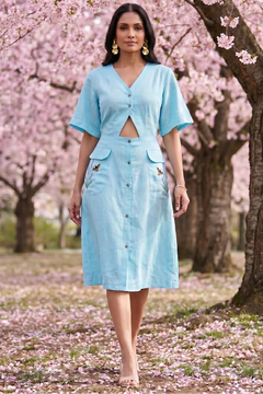 Turquoise Cotton Shirt Midi Dress Featuring Buttoned Waist Cutout Midi Dress - Western Era Dresses for women