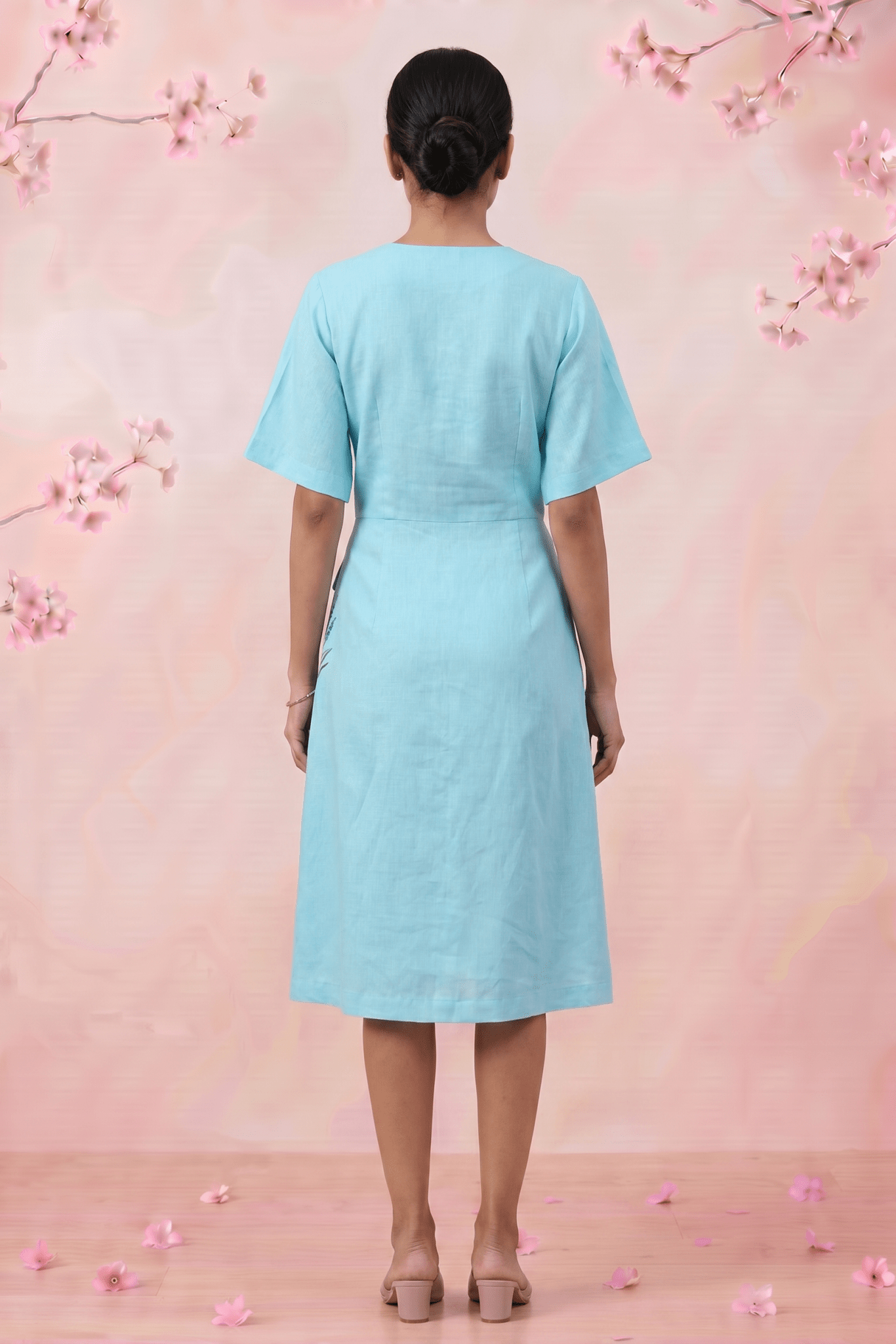 Turquoise Cotton Shirt Midi Dress Featuring Buttoned Waist Cutout Midi Dress - Western Era Dresses for women