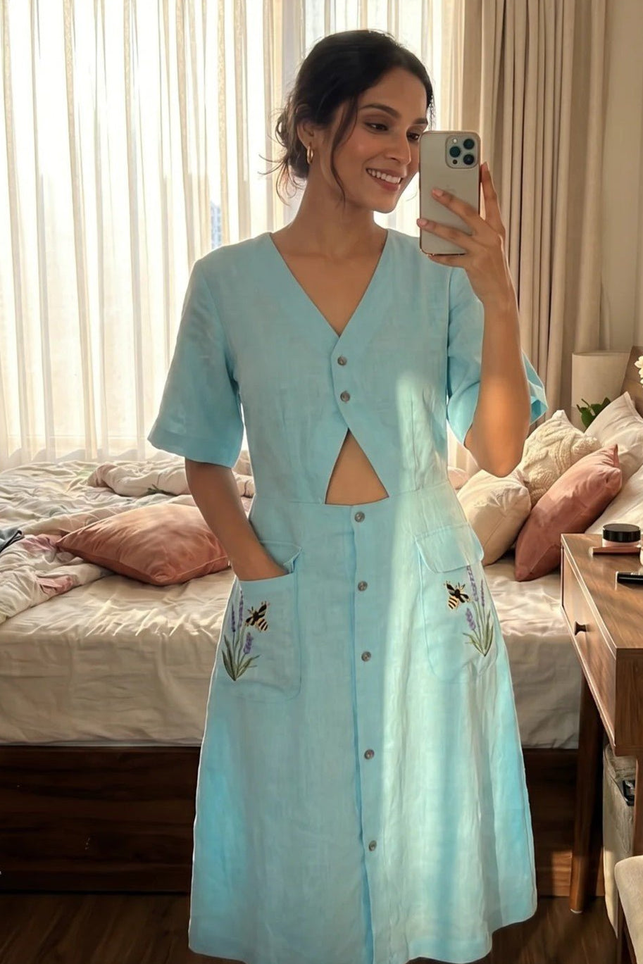 Turquoise Cotton Shirt Midi Dress Featuring Buttoned Waist Cutout Midi Dress - Western Era Dresses for women