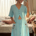 Turquoise Cotton Shirt Midi Dress Featuring Buttoned Waist Cutout Midi Dress - Western Era Dresses for women