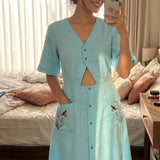Turquoise Cotton Shirt Midi Dress Featuring Buttoned Waist Cutout Midi Dress - Western Era Dresses for women