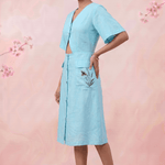 Turquoise Cotton Shirt Midi Dress Featuring Buttoned Waist Cutout Midi Dress - Western Era Dresses for women