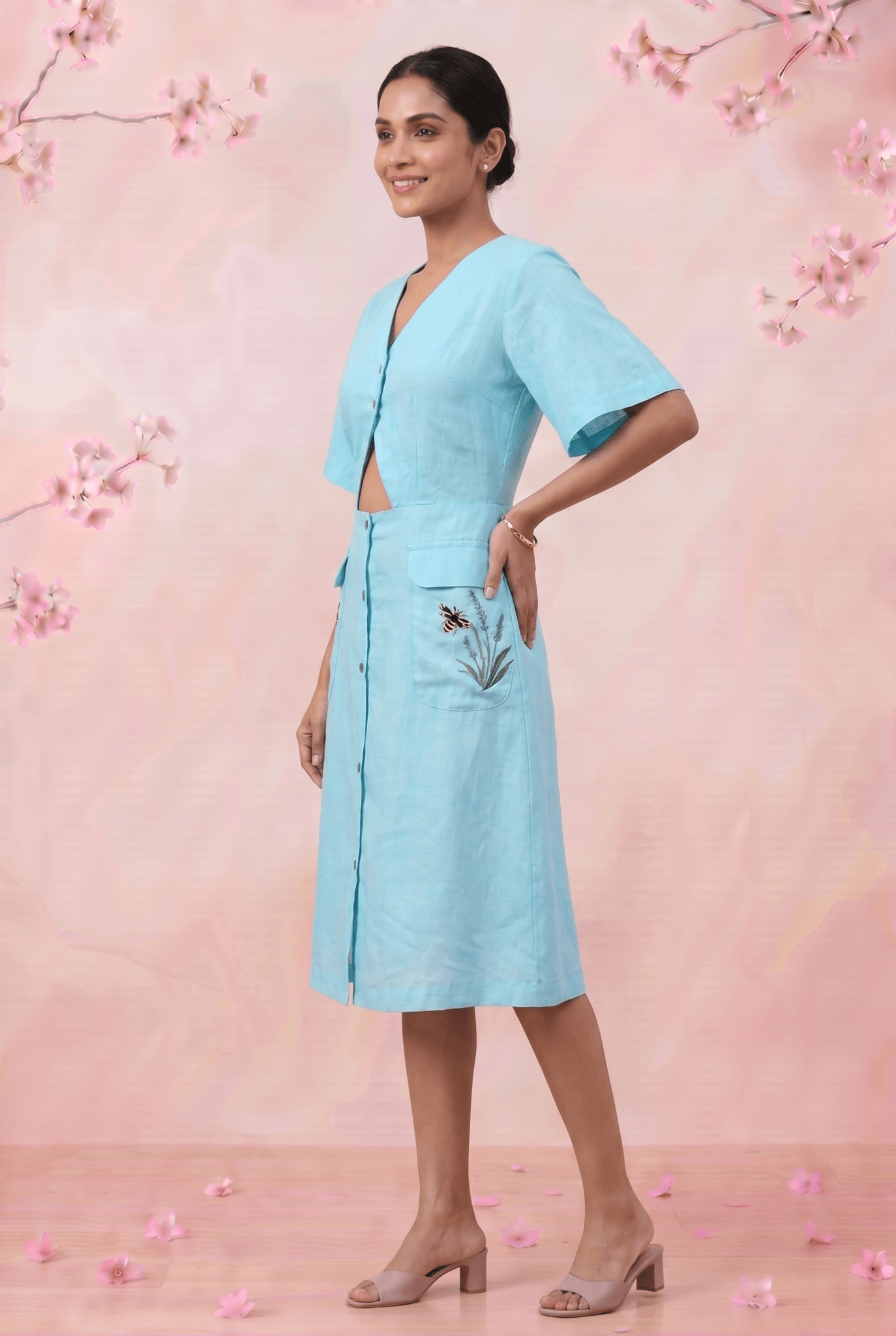 Turquoise Cotton Shirt Midi Dress Featuring Buttoned Waist Cutout Midi Dress - Western Era Dresses for women