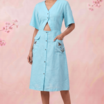Turquoise Cotton Shirt Midi Dress Featuring Buttoned Waist Cutout Midi Dress - Western Era Dresses for women