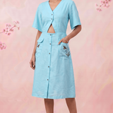 Turquoise Cotton Shirt Midi Dress Featuring Buttoned Waist Cutout Midi Dress - Western Era Dresses for women