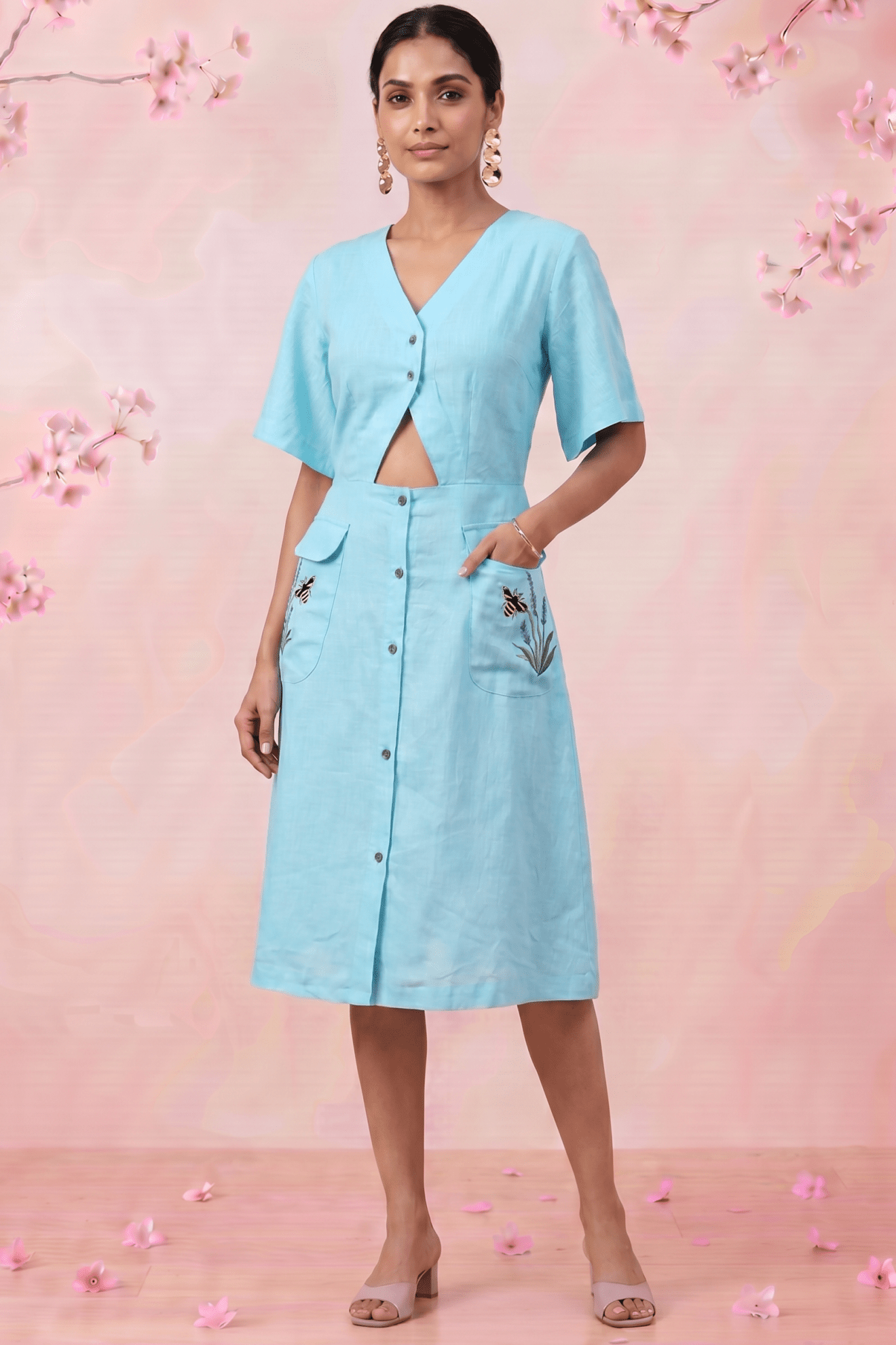 Turquoise Cotton Shirt Midi Dress Featuring Buttoned Waist Cutout Midi Dress - Western Era Dresses for women
