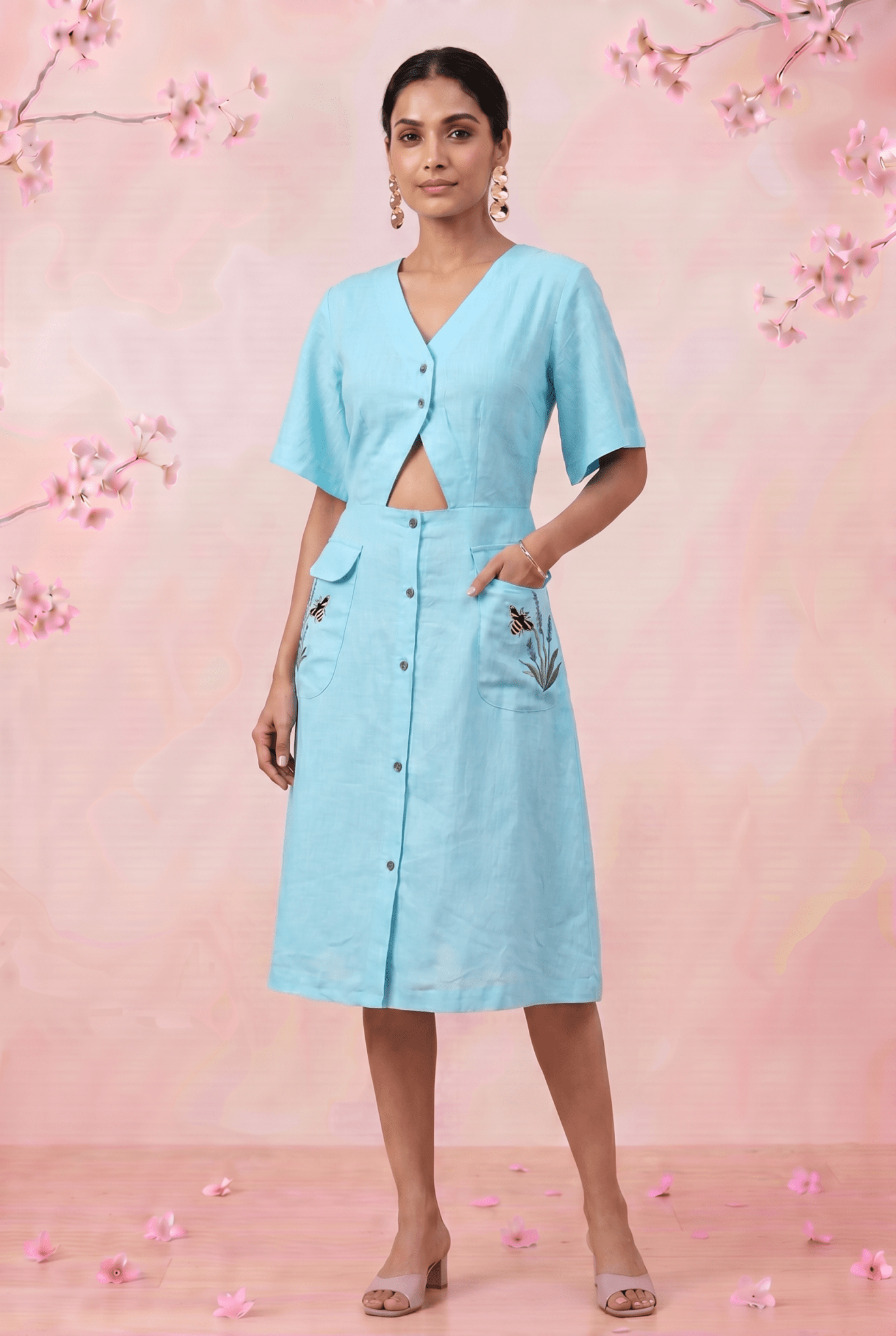Turquoise Cotton Shirt Midi Dress Featuring Buttoned Waist Cutout Midi Dress - Western Era Dresses for women