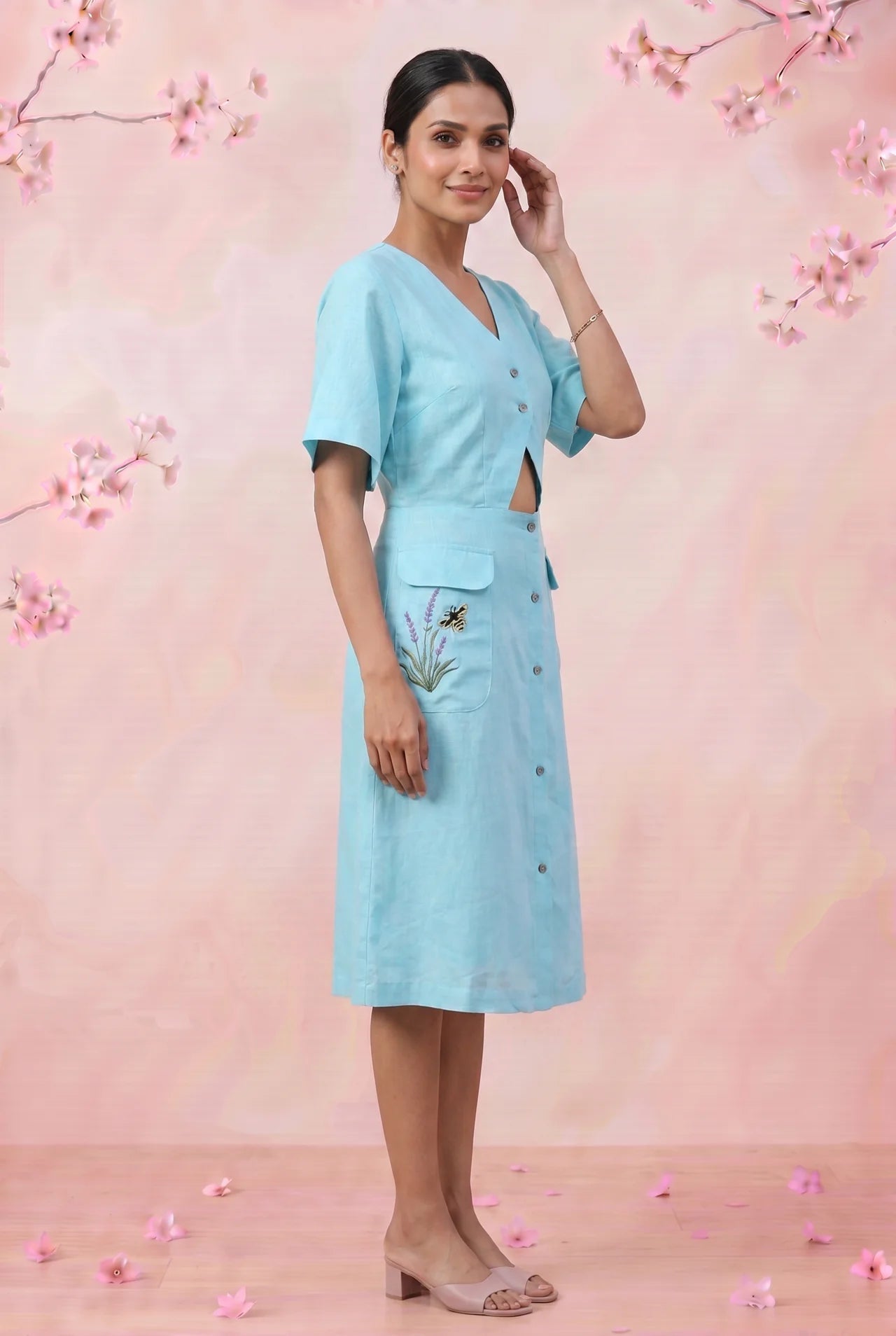 Turquoise Cotton Shirt Midi Dress Featuring Buttoned Waist Cutout Midi Dress - Western Era Dresses for women
