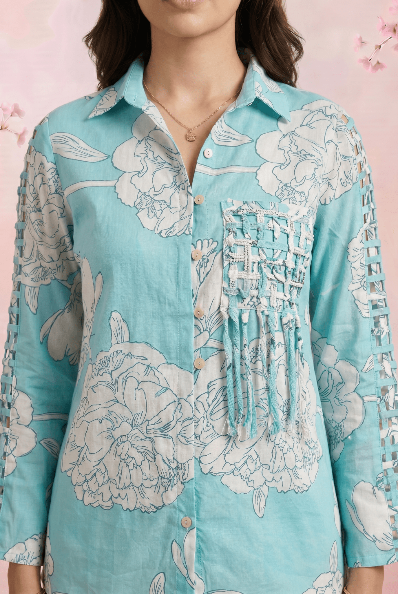 Turquoise Floral Shirt With Front Pocket Co - ord Set - Western Era Co - ord set for women