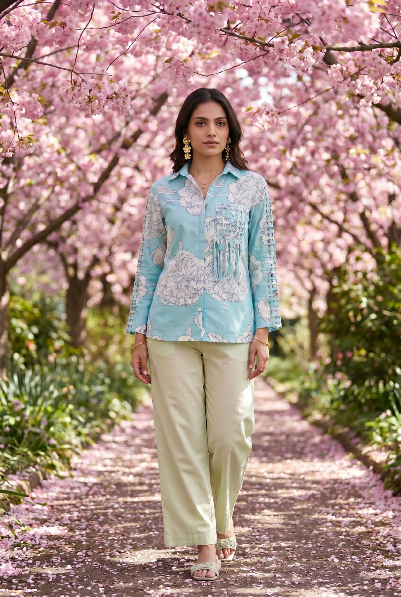 Turquoise Floral Shirt With Front Pocket Co - ord Set - Western Era Co - ord set for women