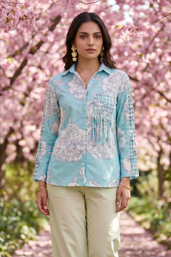 Turquoise Floral Shirt With Front Pocket Co - ord Set - Western Era Co - ord set for women