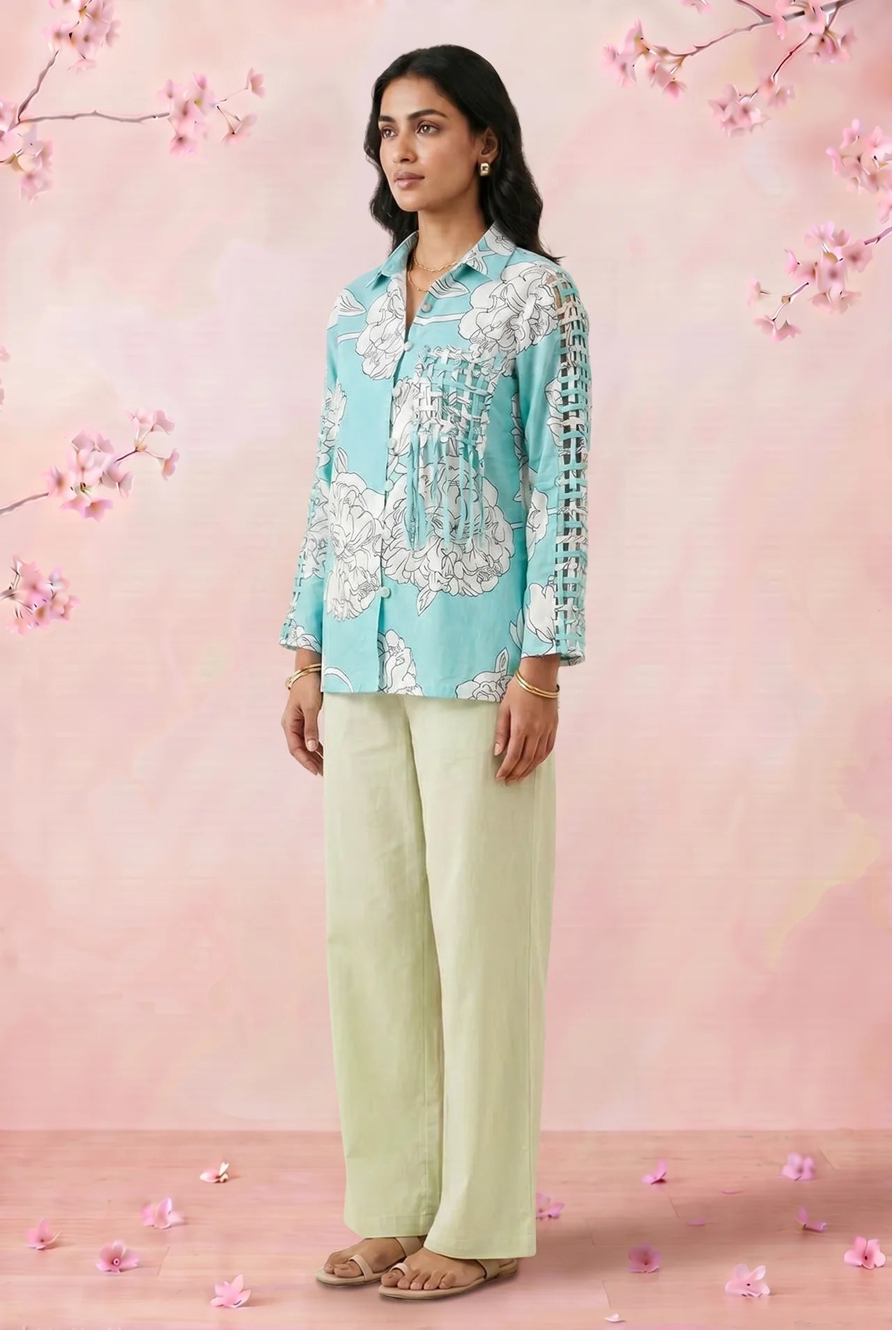 Turquoise Floral Shirt With Front Pocket Co - ord Set - Western Era Co - ord set for women