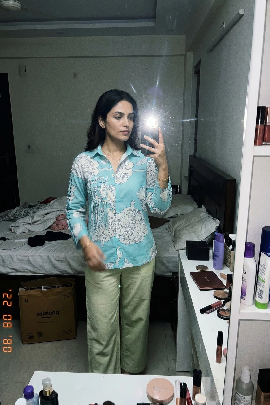 Turquoise Floral Shirt With Front Pocket Co - ord Set - Western Era Co - ord set for women