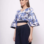 V Neck Blue Printed Linen Top - Western Era Tops for women