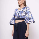 V Neck Blue Printed Linen Top - Western Era Tops for women