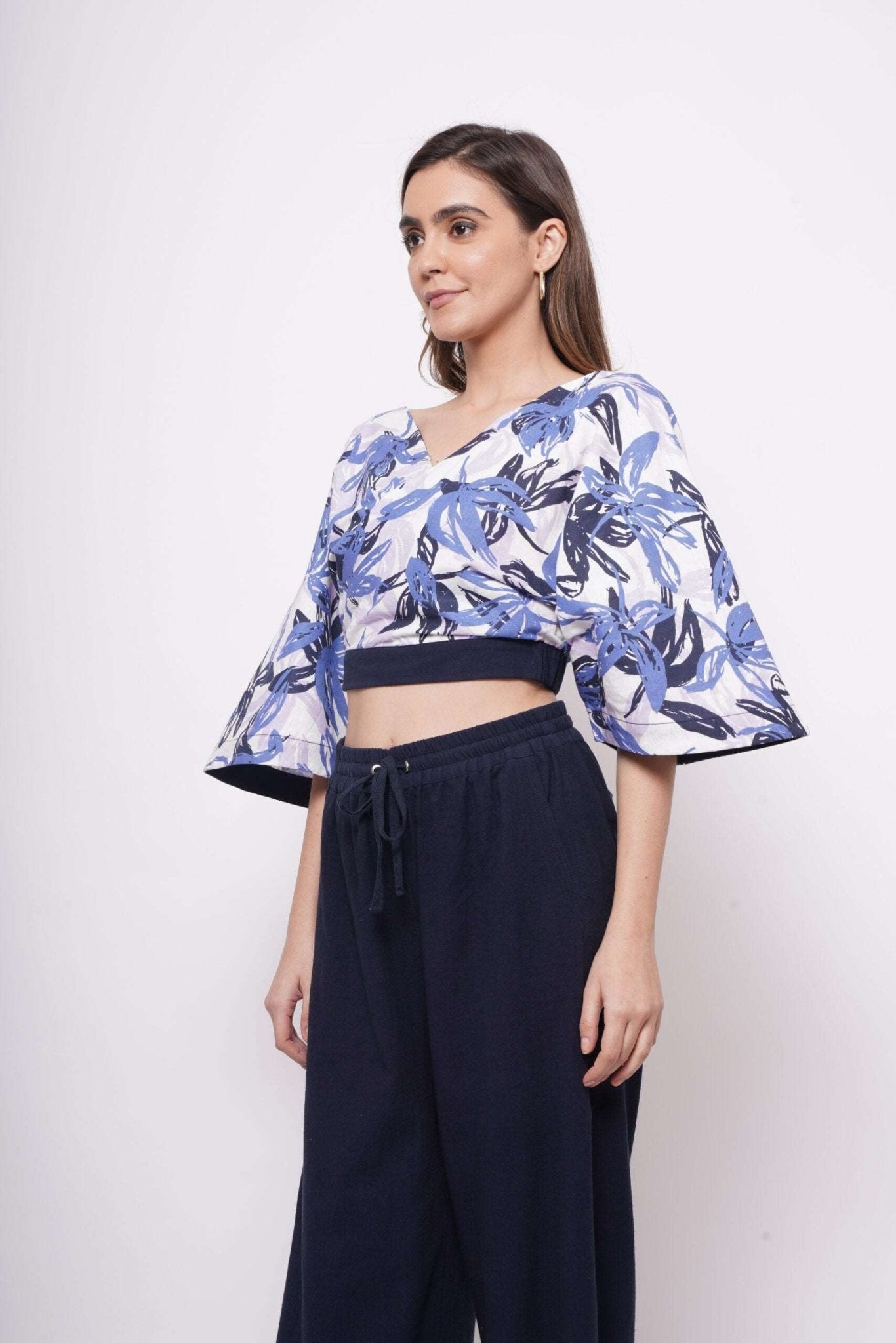 V Neck Blue Printed Linen Top - Western Era Tops for women