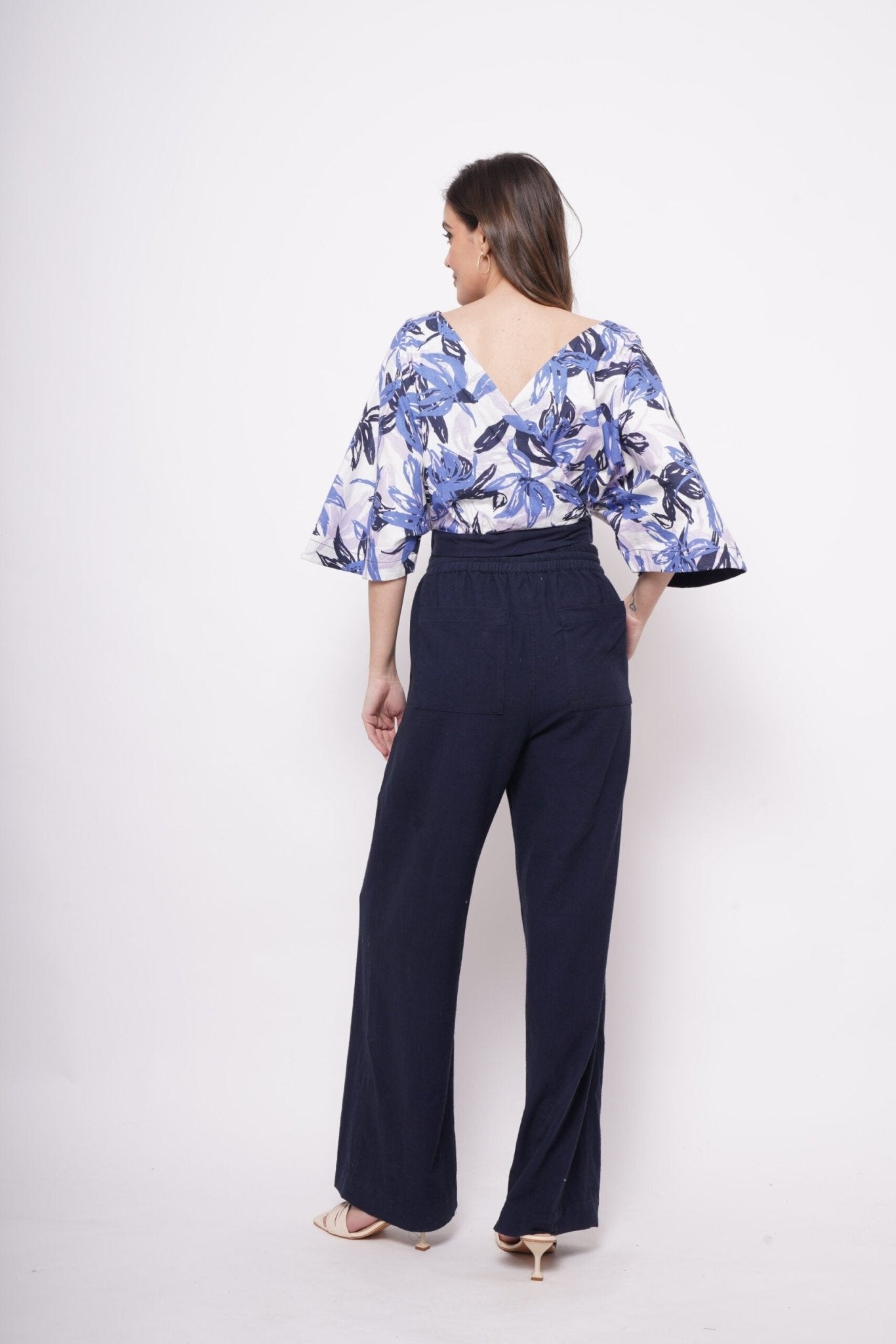 V Neck Blue Printed Linen Top - Western Era Tops for women