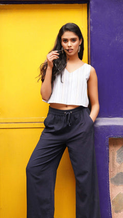 V Neck Blue Yarn Dyed Casual Top