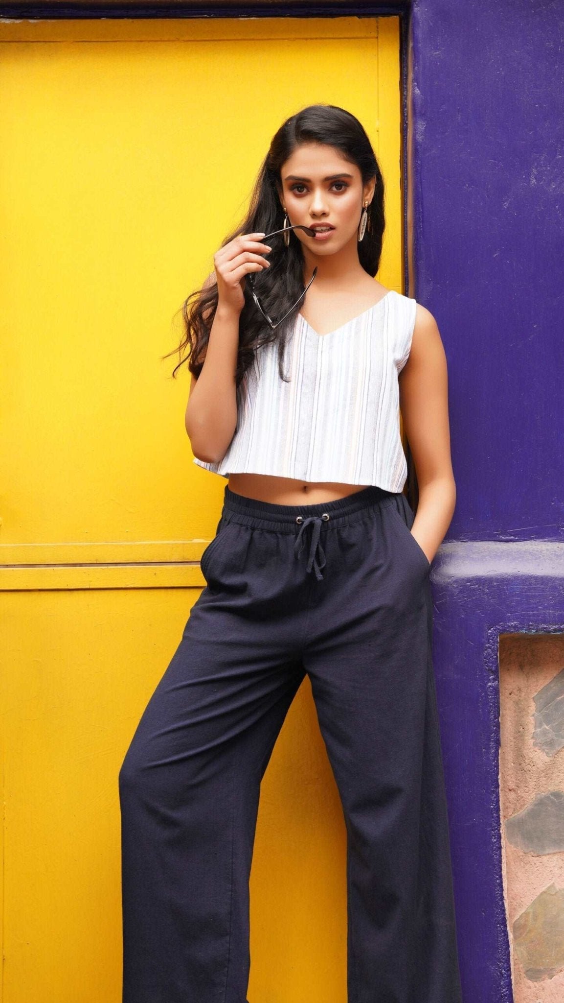 V Neck Blue Yarn Dyed Casual Top - Western Era Tops for women